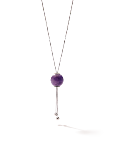 528 by CfH - Gliding Crystal Sphere Necklace - Amethyst - White Rhodium Plated Sterling Silver - Close Up