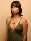 528 by CfH - Gliding Crystal Double Point Necklace - Amethyst - 18K Yellow Gold Vermeil - On Woman in Green Casual Dress