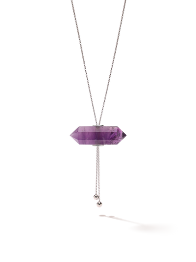 528 by CfH - Gliding Crystal Double Point Necklace - Amethyst - White Rhodium Plated Sterling Silver - Close Up