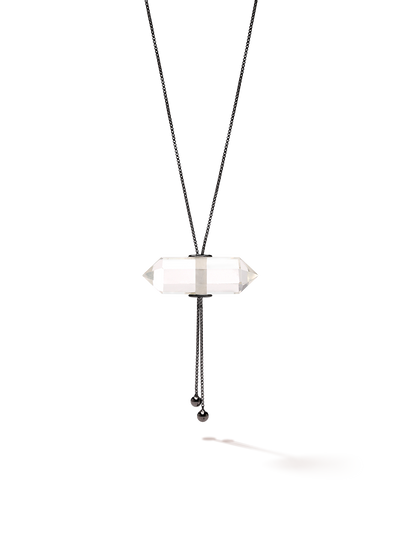 528 by CfH - Gliding Crystal Double Point Necklace - Clear Quartz - Black Ruthenium Plated Sterling Silver - Close Up