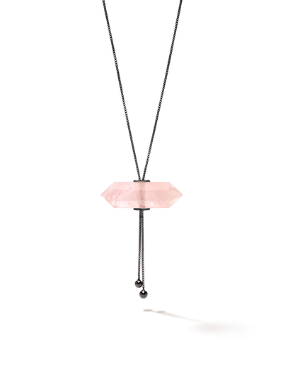 528 by CfH - Gliding Crystal Double Point Necklace - Rose Quartz - Black Ruthenium Plated Sterling Silver - Close Up