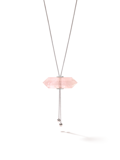 528 by CfH - Gliding Crystal Double Point Necklace - Rose Quartz - White Rhodium Plated Sterling Silver - Close Up
