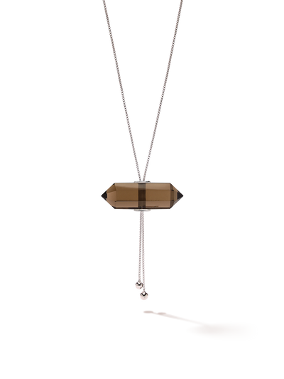 528 by CfH - Gliding Crystal Double Point Necklace - Smoky Quartz - White Rhodium Plated Sterling Silver - Close Up