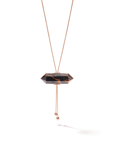 528 by CfH - Gliding Crystal Double Point Necklace - Tiger's Eye - 18K Rose Gold Vermeil - Close Up