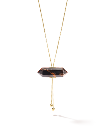 528 by CfH - Gliding Crystal Double Point Necklace - Tiger's Eye - 18K Yellow Gold Vermeil - Close Up