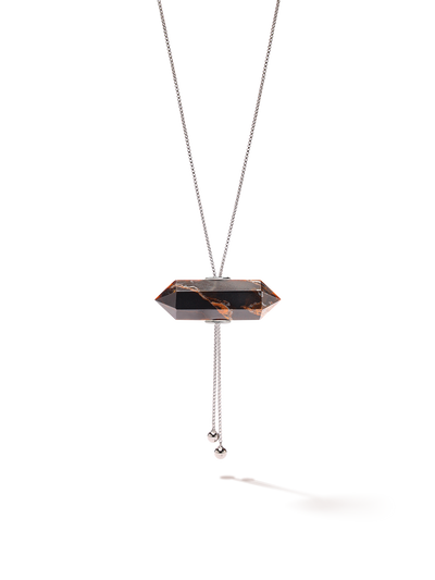 528 by CfH - Gliding Crystal Double Point Necklace - Tiger's Eye - White Rhodium Plated Sterling Silver - Close Up