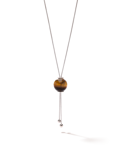 528 by CfH - Gliding Crystal Sphere Necklace - Tiger's Eye - White Rhodium Plated Sterling Silver - Close Up