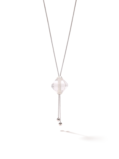 528 by CfH - Gliding Crystal Twin Pyramid Necklace - Clear Quartz - White Rhodium Plated Sterling Silver - Close Up