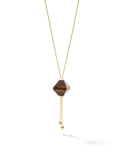 528 by CfH - Gliding Crystal Twin Pyramid Necklace - Tiger's Eye - 18K Yellow Gold Vermeil - Close Up
