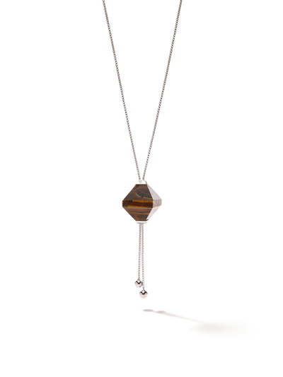 528 by CfH - Gliding Crystal Twin Pyramid Necklace - Tiger's Eye - White Rhodium Plated Sterling Silver - Close Up